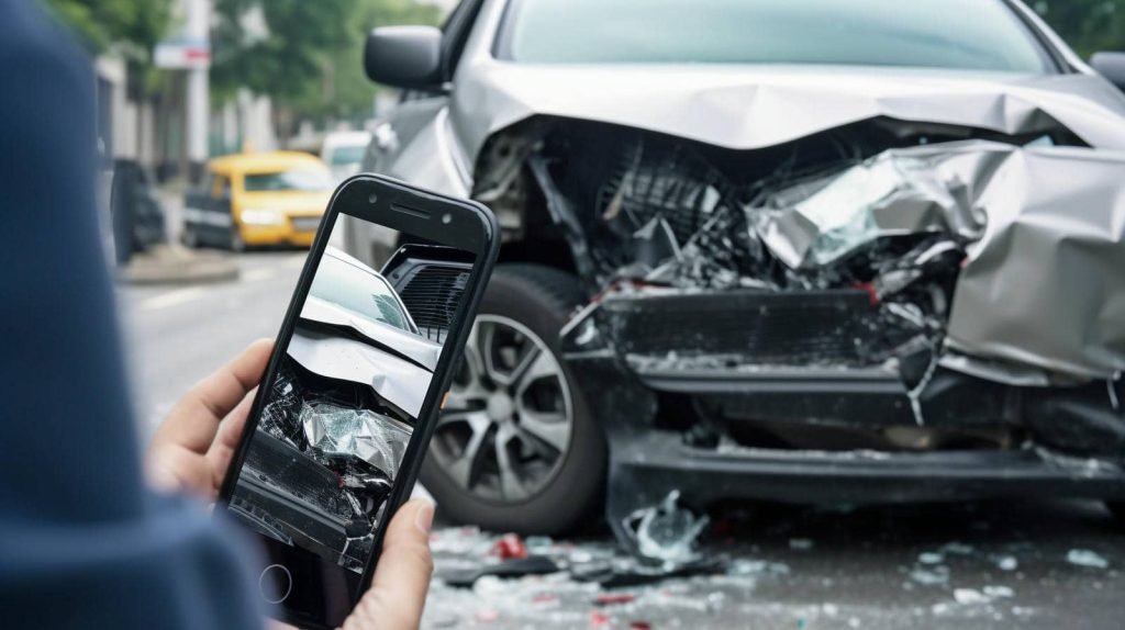 Vehicle owner for car accident claim resolution takes an image of crashed car