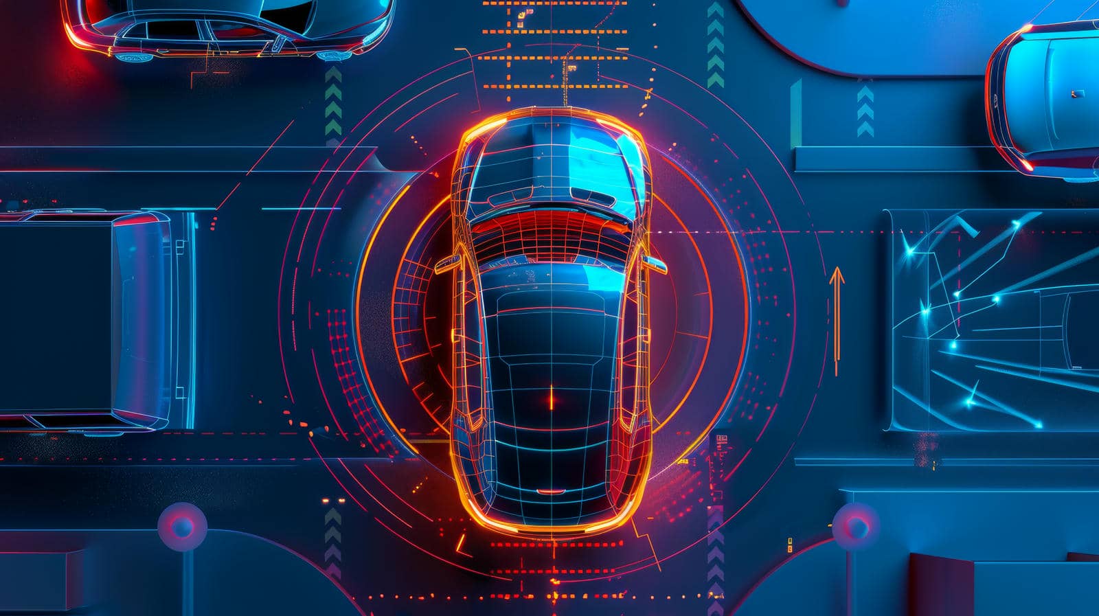 Eagle view of a car showing points of data that can be gathered in an illustration